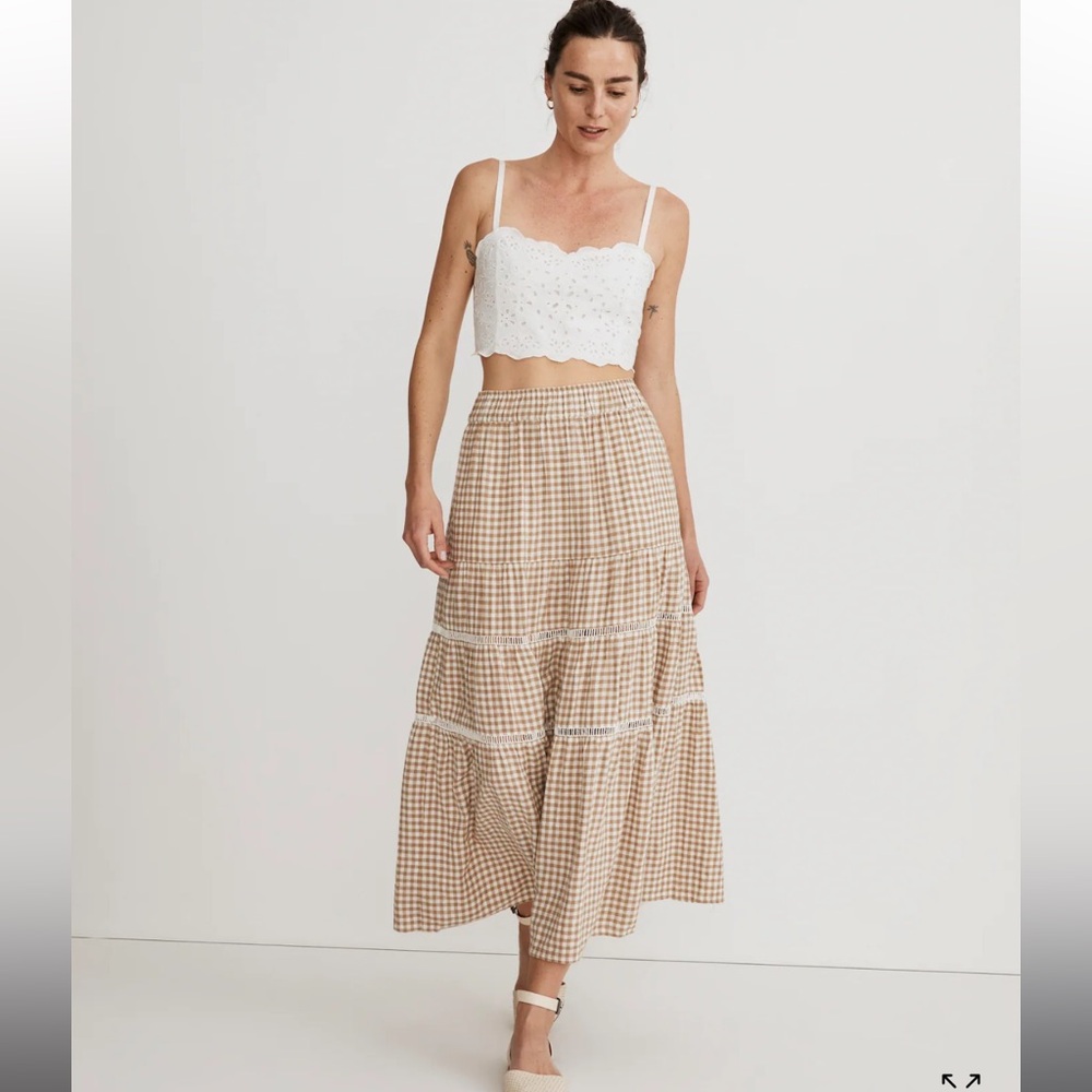 Madewell Gingham Linen-Blend Eyelet-Trim Tiered Maxi Skirt